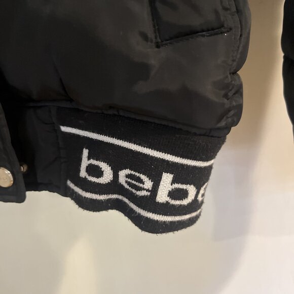 Y2K Bebe size S/P black cropped puffer jacket missing fur Rhinestone logo - Picture 5 of 15